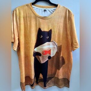 Black Cat Holding Goldfish Bowl Short Sleeve Knit T Shirt. Size 2X.